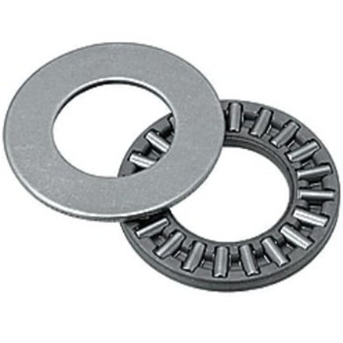 A thrust type needle roller bearing comprises a steel cage and multiple needle rollers oriented radially around the bearing axis.