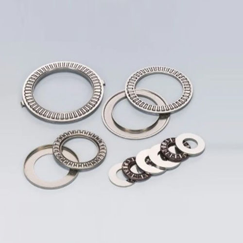 A thrust type needle roller bearing comprises a steel cage and multiple needle rollers oriented radially around the bearing axis.