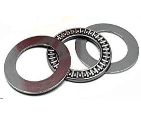 A thrust type needle roller bearing comprises a steel cage and multiple needle rollers oriented radially around the bearing axis.
