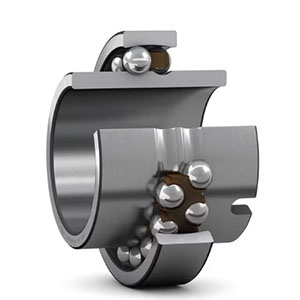 Self-aligning ball bearings with an extended inner ring (11200 and 11300 series). The inner ring projects beyond the outer ring, incorporating a slot for a pin or setscrew. This bearing design simplifies axial location on commercial‑grade shafts without requiring precision shoulder abutments.