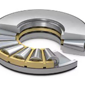 Thrust tapered roller bearing combines high axial load capacity with moderate radial load accommodation.