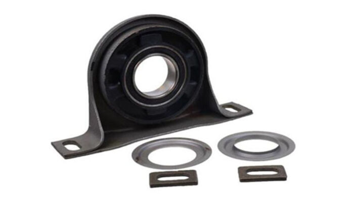 A center support bearing (carrier bearing) supports a split driveshaft at its midpoint.