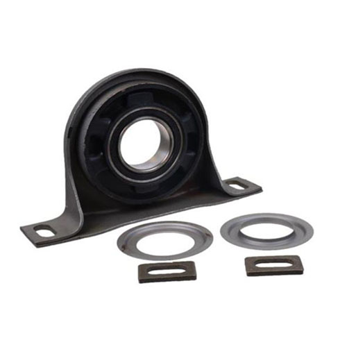 A center support bearing (carrier bearing) supports a split driveshaft at its midpoint.