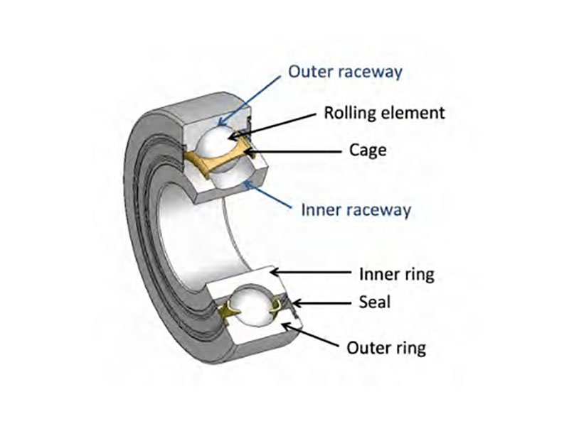 Cross section of angular contact ball bearing showing offset inner and outer ring raceways, contact angle between 15 and 40 degrees, asymmetrical shoulders, balls, and cage for combined radial and axial load support