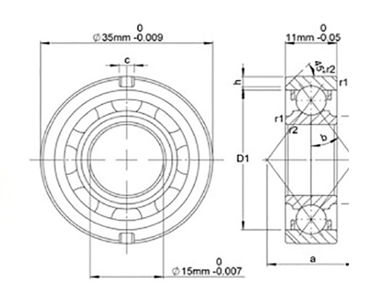 Deep-Groove Ball Bearing Cross Section with Point Contact