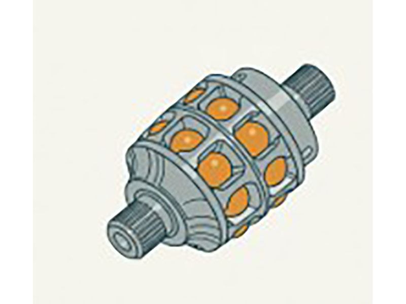 Cross section view of Rzeppa CV joint showing six bearing-grade steel balls, coplanar cage retainer, outer bell housing with curved grooves, and inner star-shaped race for constant velocity torque transmission