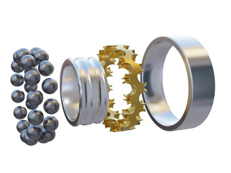 Exploded view of self-aligning ball bearing showing spherical outer ring, inner ring with two deep raceway grooves, double rows of steel balls, cage retainer, and optional rubber seals