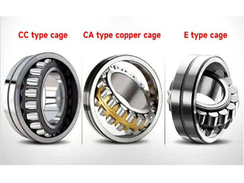 Comparison of spherical roller bearing types showing CA with one-piece brass cage and symmetrical rollers, CC with two-piece steel cage, MB with two-piece brass cage and asymmetrical rollers with center flange, and ECA with optimized roller set for higher load capacity`