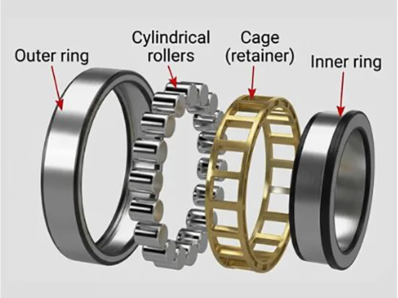 Cross section of ball bearing showing inner race mounted on rotating shaft, outer race fixed in housing, raceway grooves, steel balls, and cage retainer with labeled components
