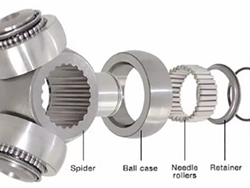 Tripod CV joint components showing spider trunnion with three arms, needle bearings inside rollers, and tulip housing with longitudinal plunge grooves