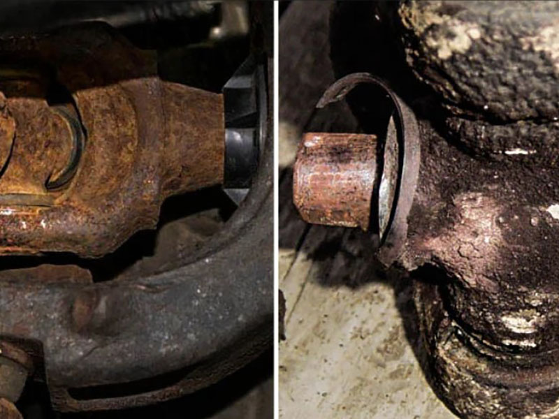Comparison of two u-joint greasing problems: grease won't go in indicating clogged internal passages, and grease immediately leaks out indicating ruptured seals requiring immediate joint replacement