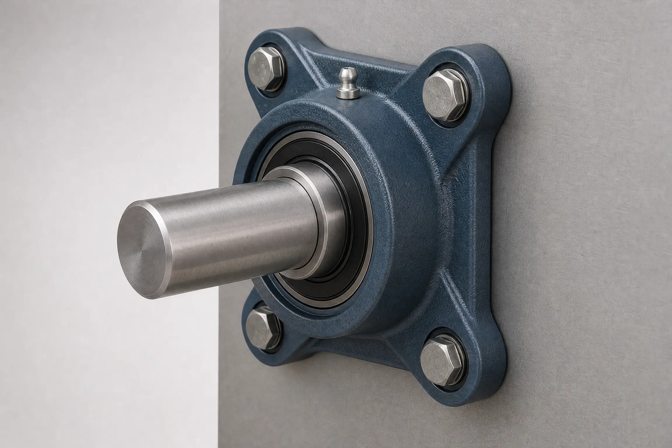 Cutaway view of a flange mounted bearing showing the shaft, spherical insert, housing bore and bolt path through the flange