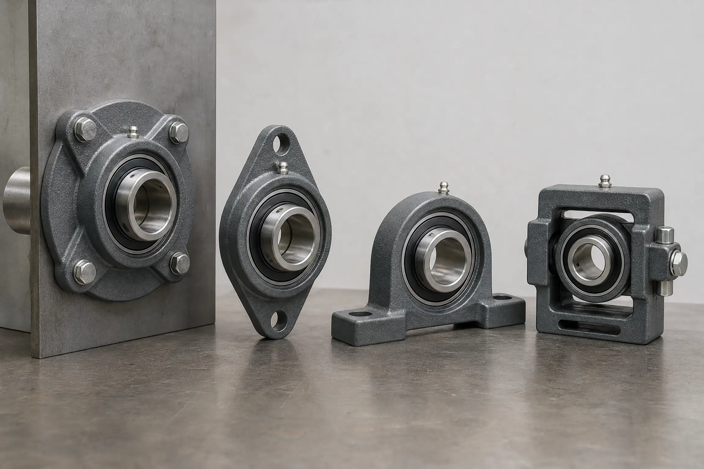 Four mounted bearing units side by side: round and oval flange units, a pillow block and a take-up unit