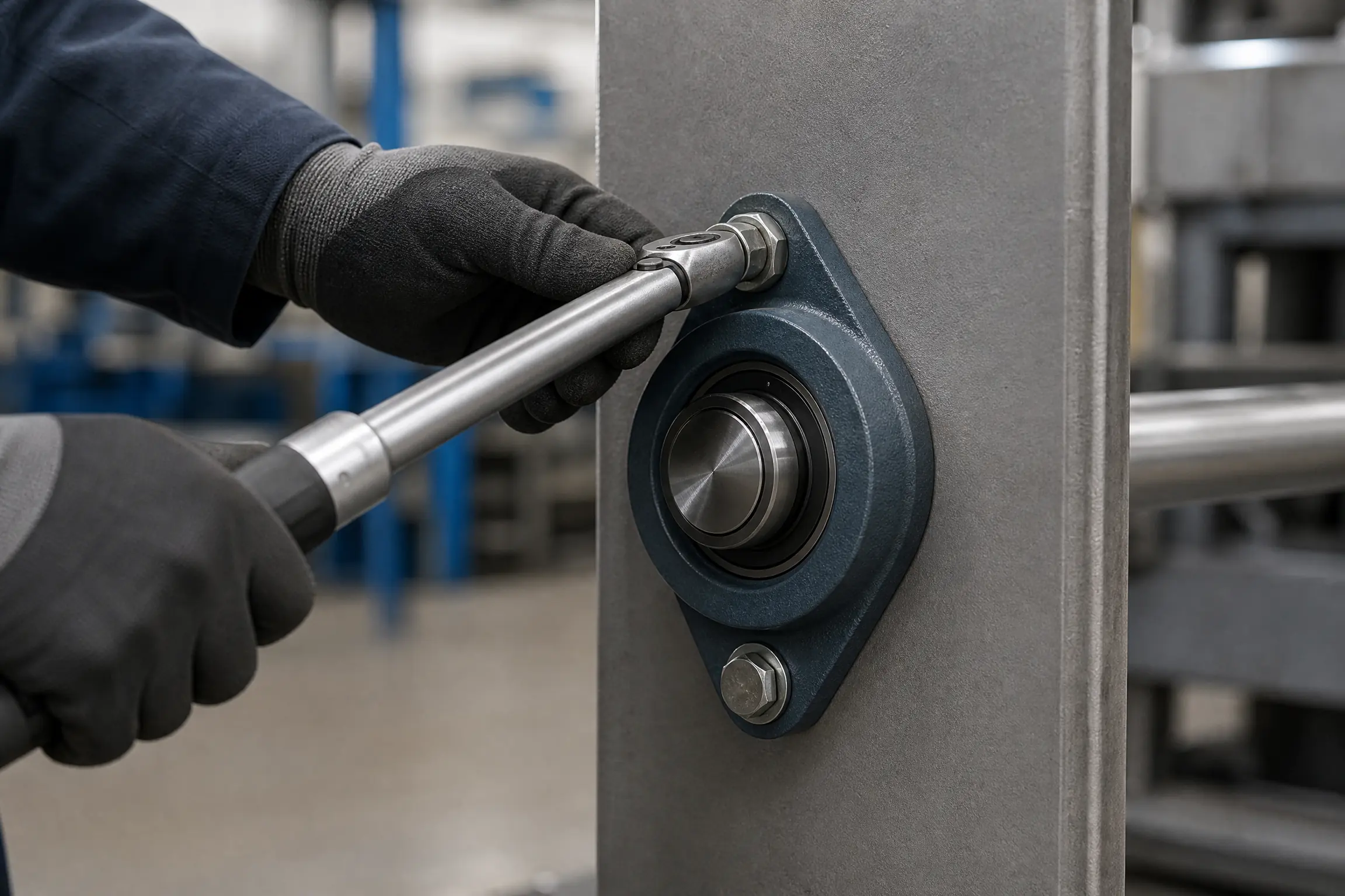 Gloved hands tightening flange bolts with a torque wrench on a two-bolt flange mounted bearing